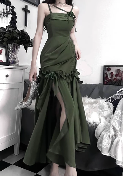 Pretty Mermaid Green Long Ruffles Prom Dress YM1625