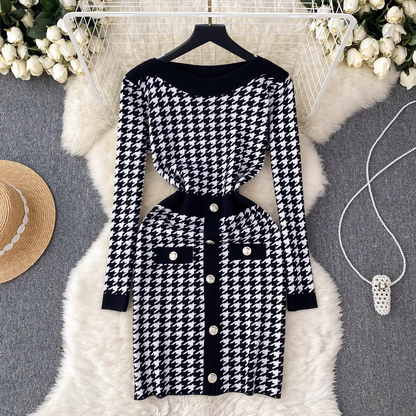 Women's autumn and winter waist-cinching long sleeve knitted dress YM437