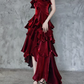 Irregular Ruffled Suspender Prom Dress Burgundy Long Birthday Dress YM1630