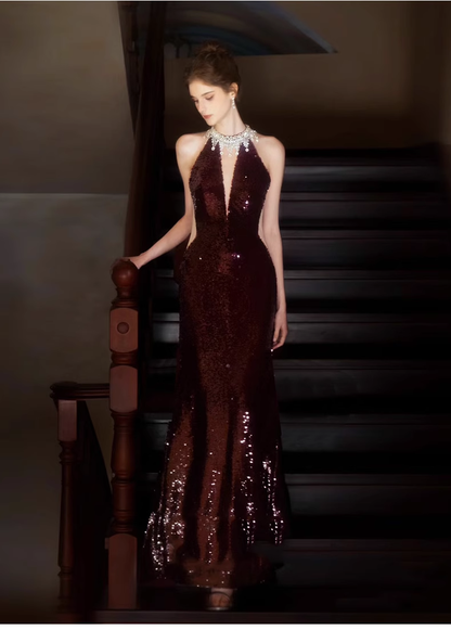 Burgundy Sequins Mermaid Evening Dress New Prom Dress  YM1612