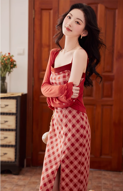 Retro Romantic Red Suspender Plaid Dress Party Dress YM1678