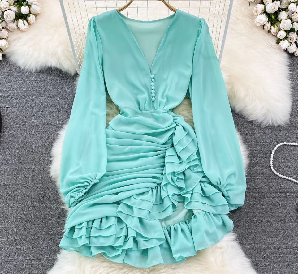 V Neck Irregular Ruffles Dress ,YM223