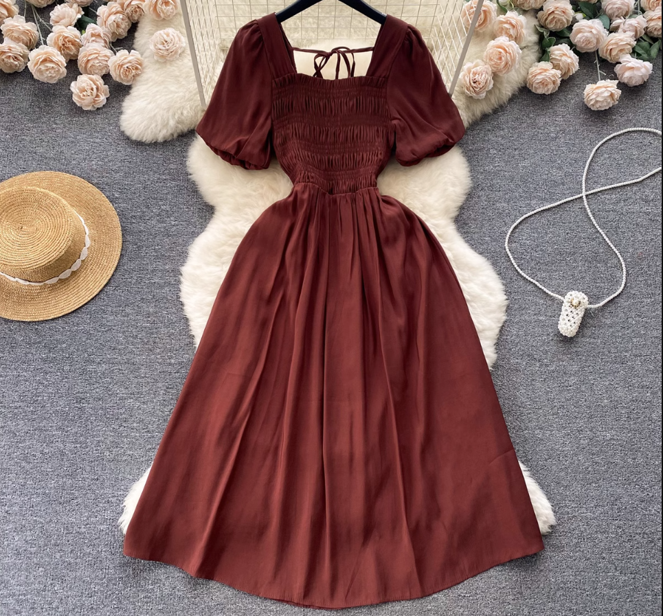 women's summer puff sleeve waist dress,YM109