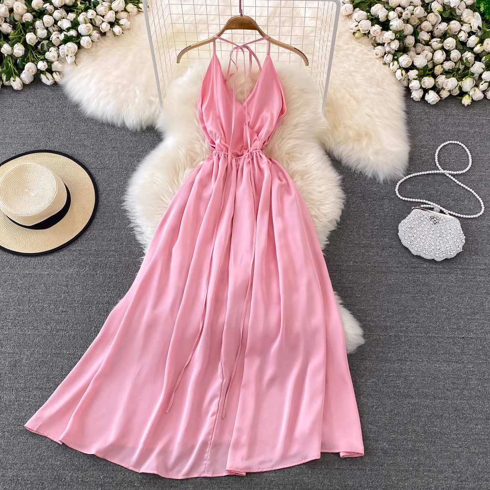 Pink V Neck Backless Summer Dress ,YM216