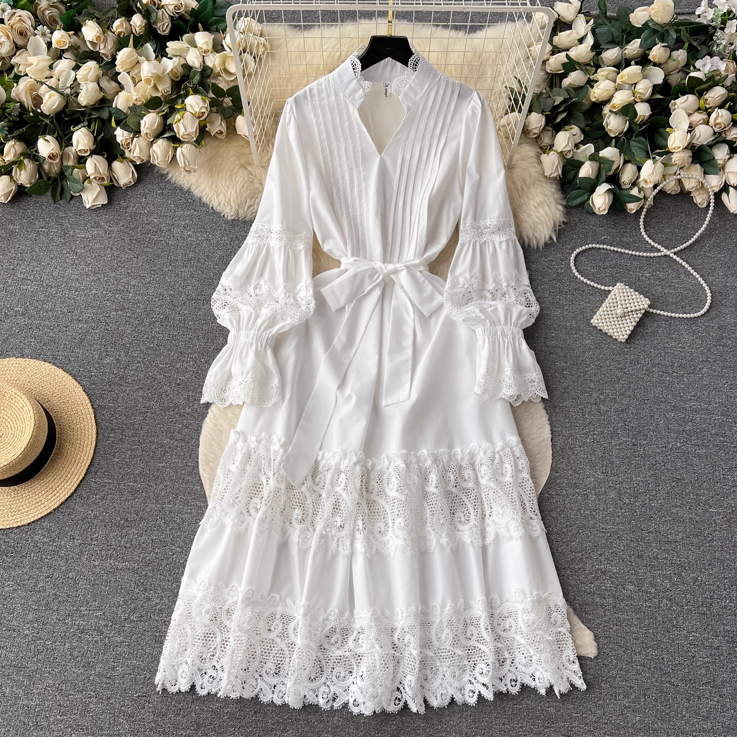 Palace style dress lace puff sleeve long skirt YM612