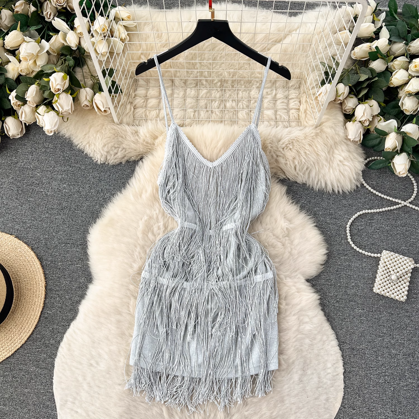 Sexy hollow backless furry fringed patchwork suspender dress YM489