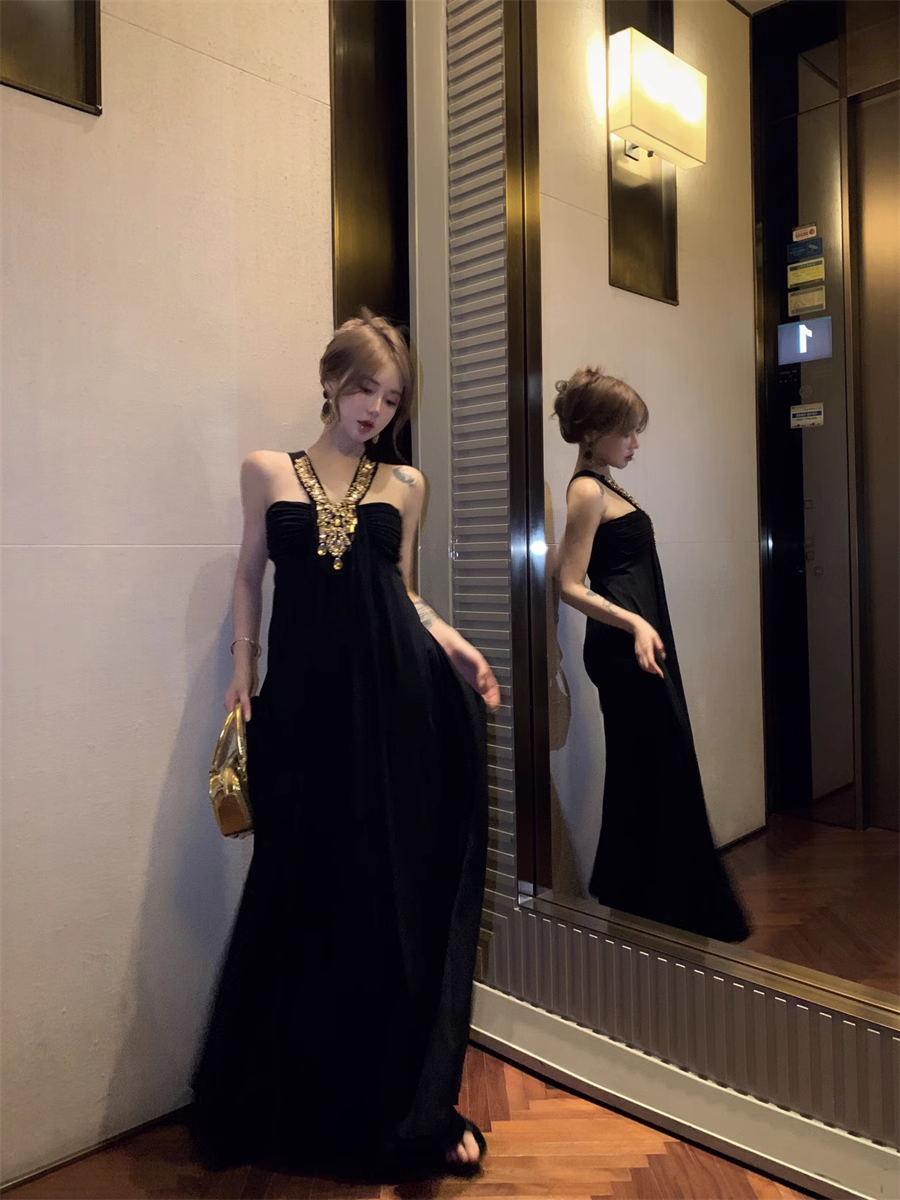 Gorgeous Halter Sleeveless Black Long Party Dress Birthday Dress YM1819