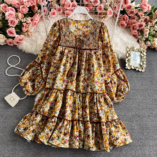 Retro loose square neck floral dress YM766