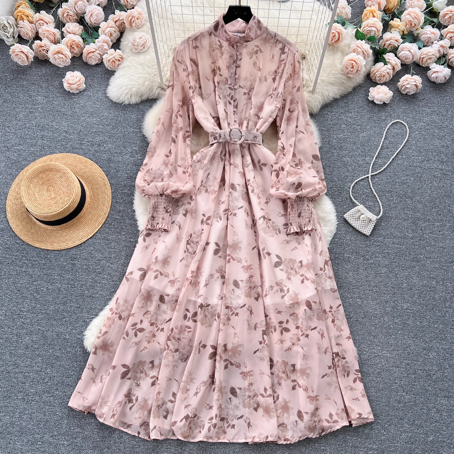 Floral dress with chiffon puffed sleeves YM623