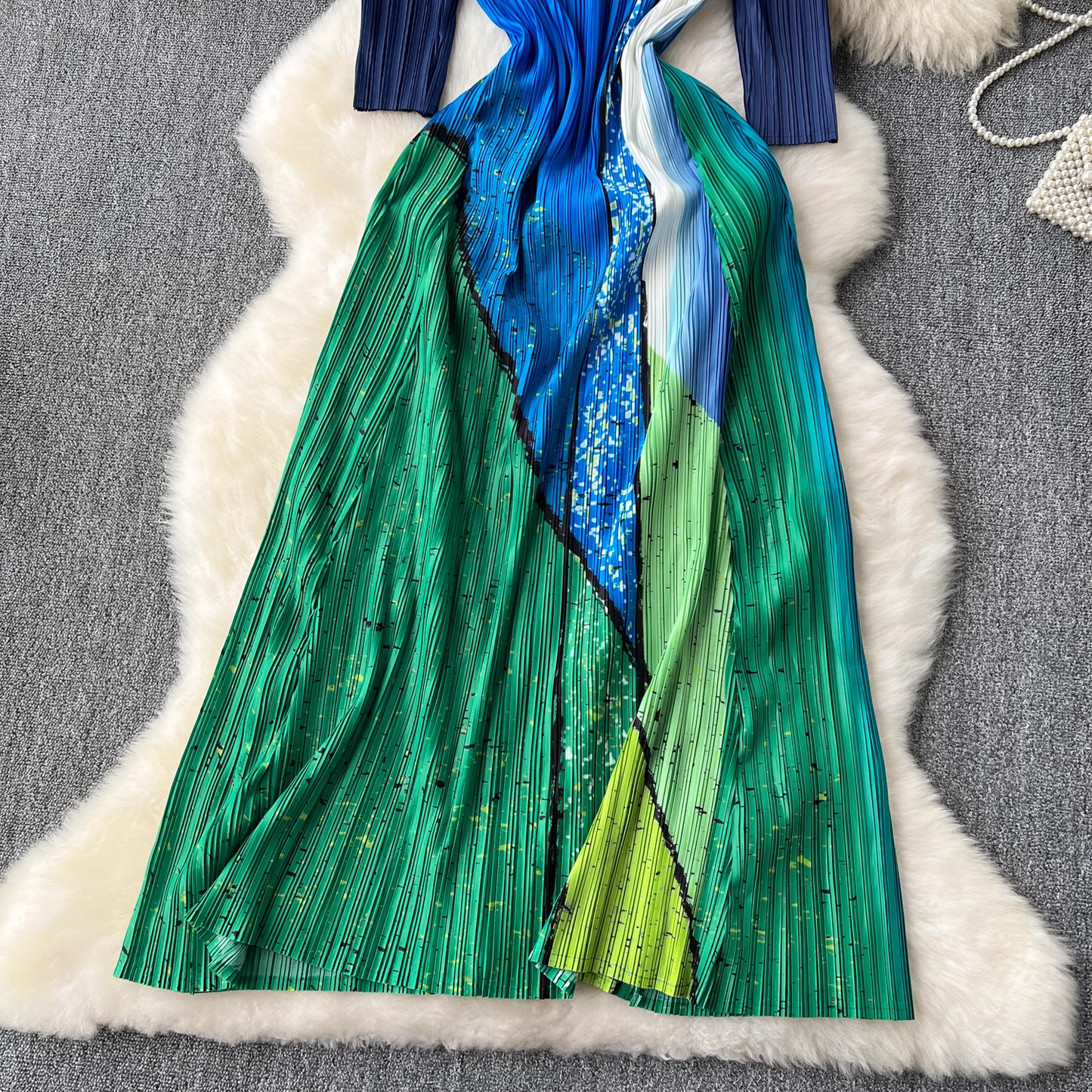 Fashionable color block pleated long dress YM1085