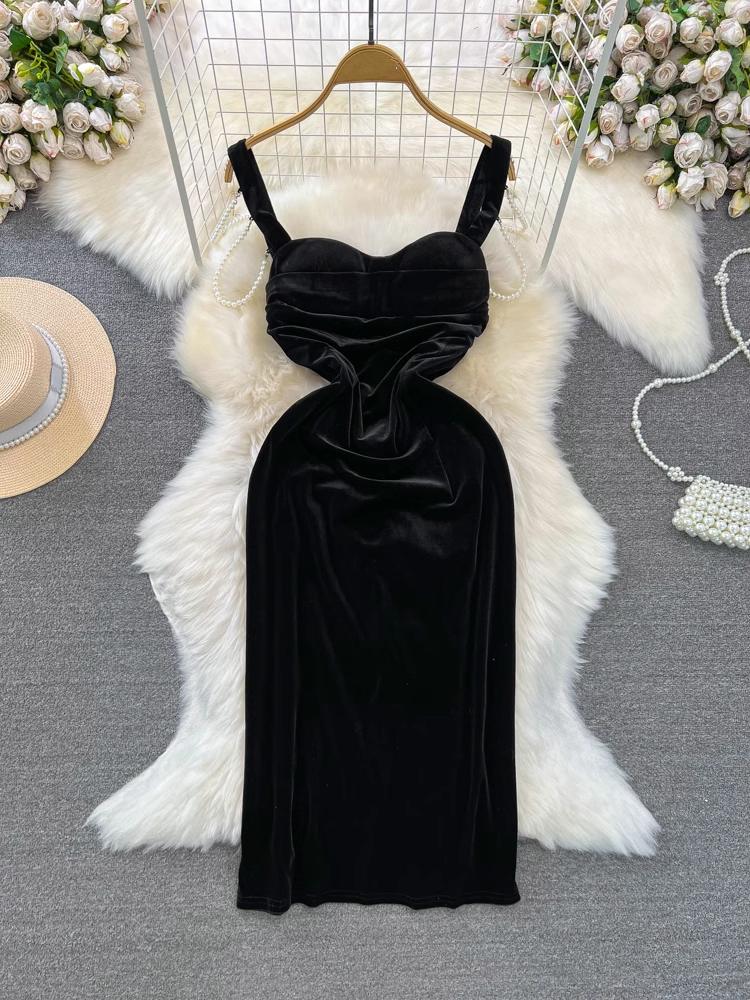 women's mid-length velvet suspender dress YM878