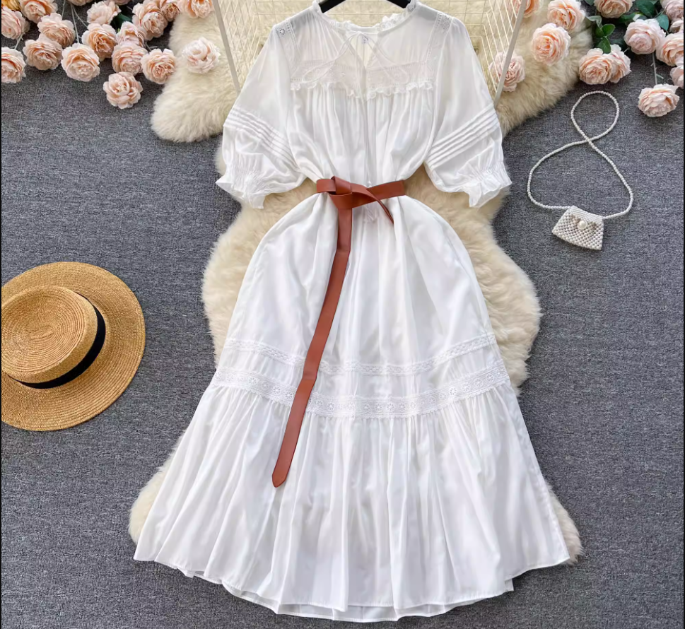 Puff sleeve hollow embroidery sweet summer dress for women,YM122