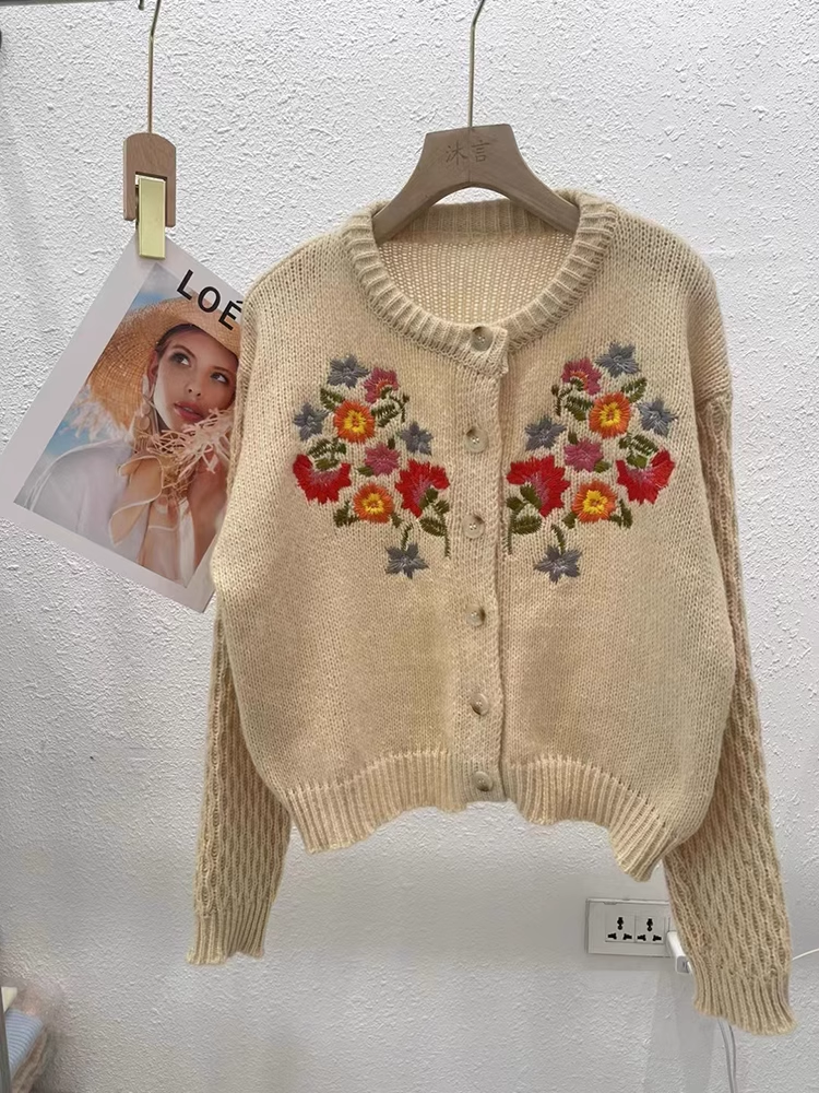 Embroidered cardigan crew neck knitted YM668