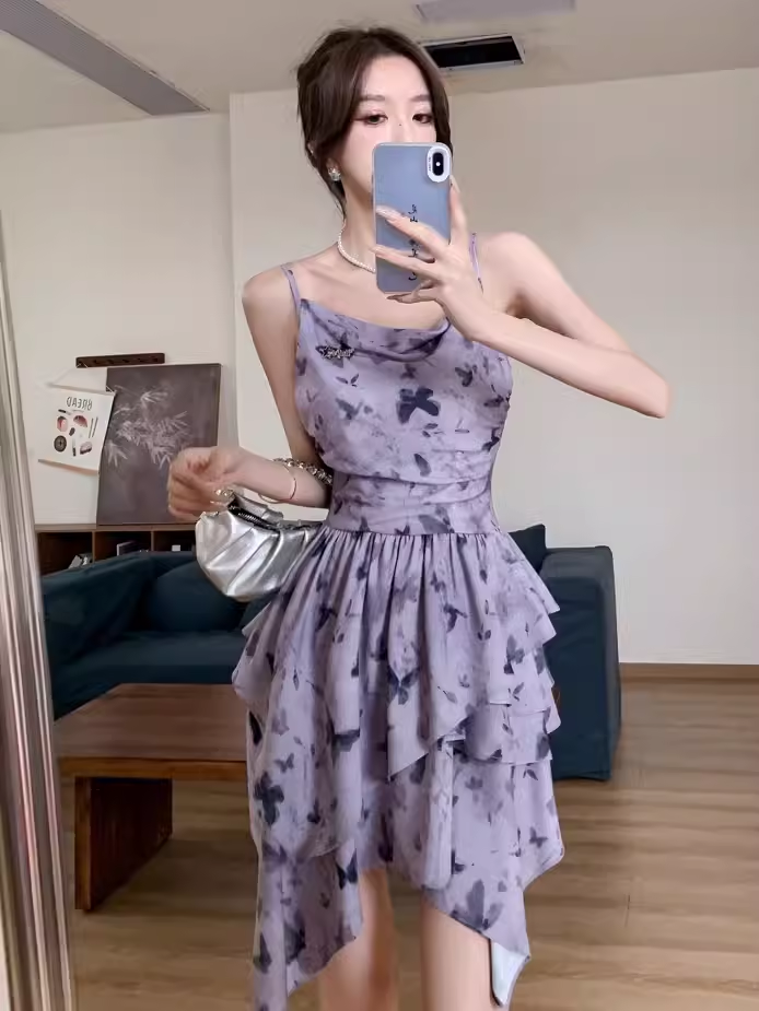 Purple butterfly print slip dress YM1351