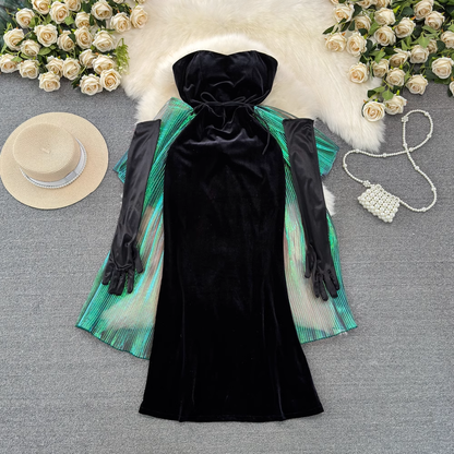 Retro black velvet tube bow bodycon long dress YM1001