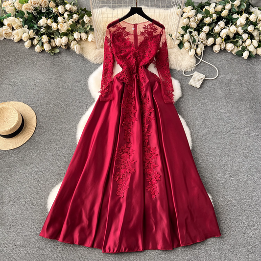 Red long-sleeve A-line dress YM1121