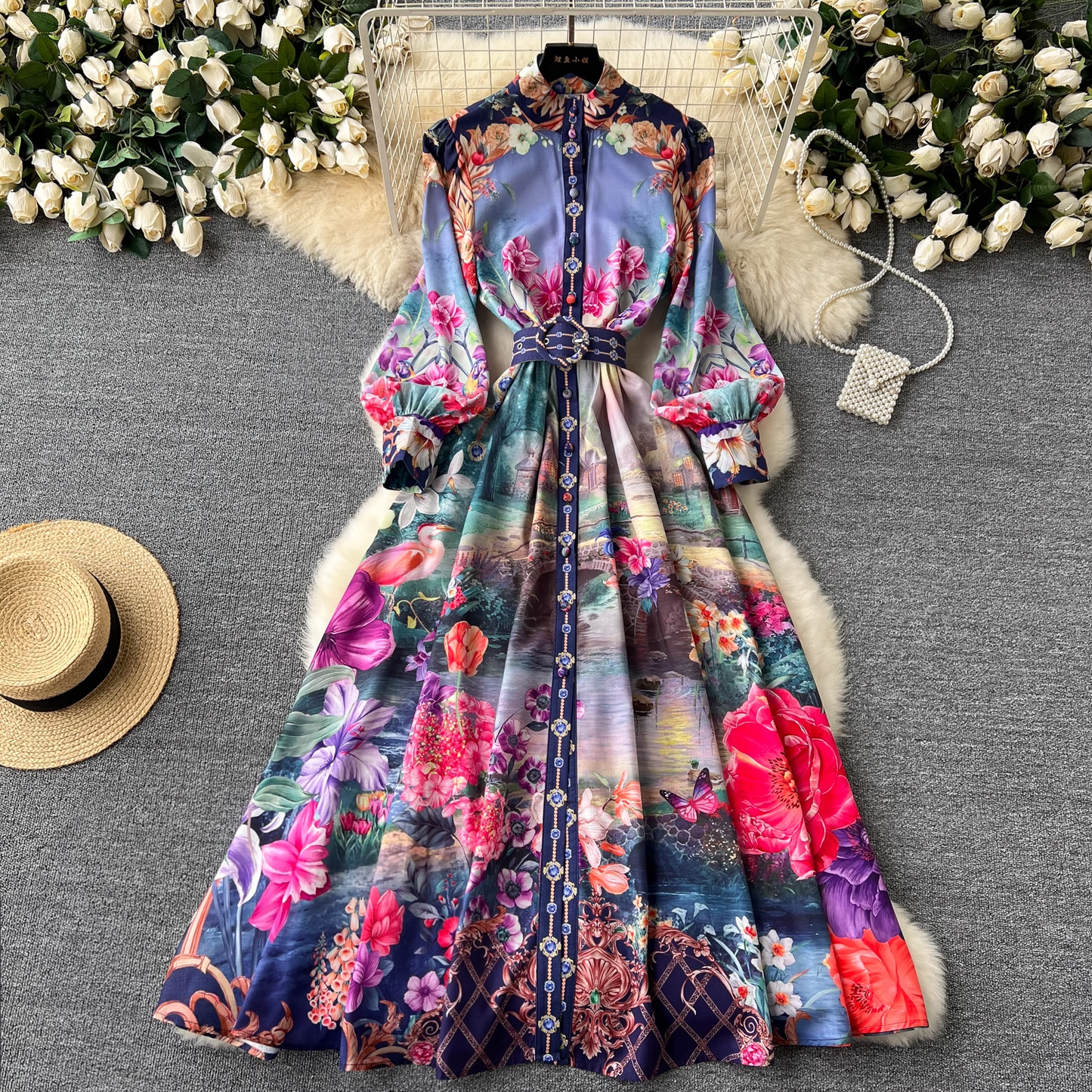 Retro French mid-length lantern long-sleeve printed dress YM1095