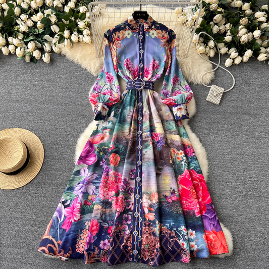 Retro French mid-length lantern long-sleeve printed dress YM1095