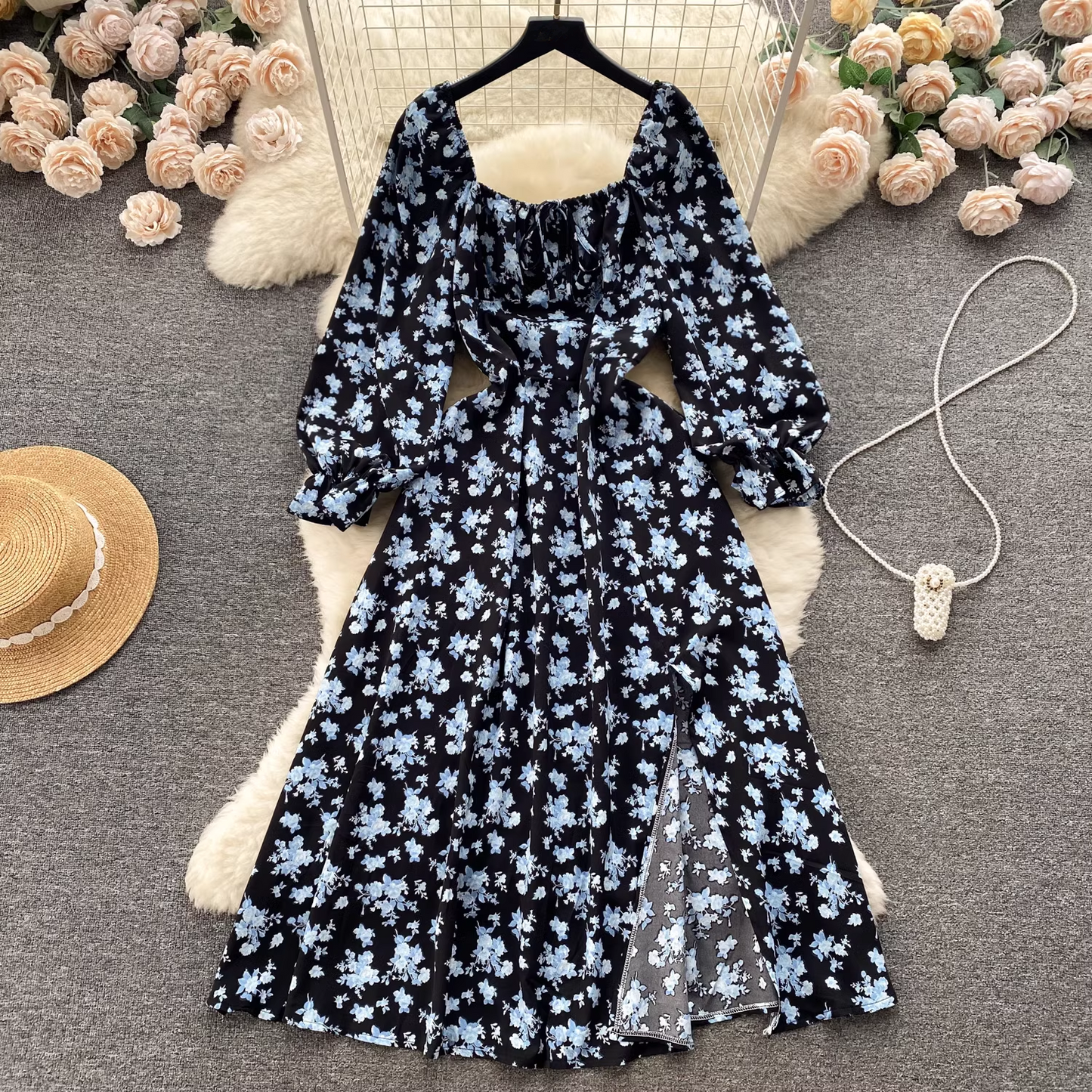 Floral Square Neck Puff Sleeve Dress YM397