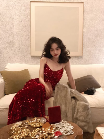 Sexy Red Velvet Sequins V-Neck Suspender Prom Dress Birthday Outfits YM1725