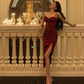 Charming Straps Burgundy Slit Prom Dress Evening Gown YM1621