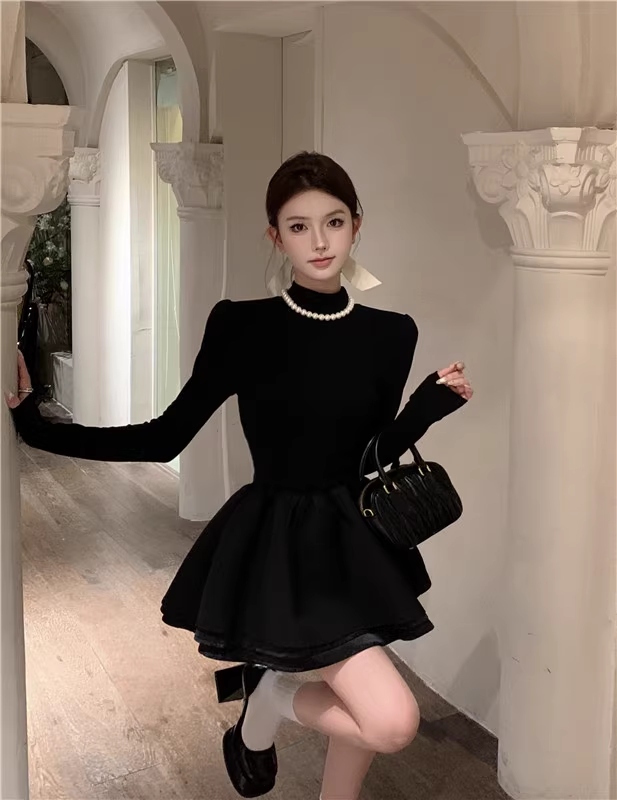 Black Long Sleeve Puffy Little Black Dress Christmas Dress YM1778