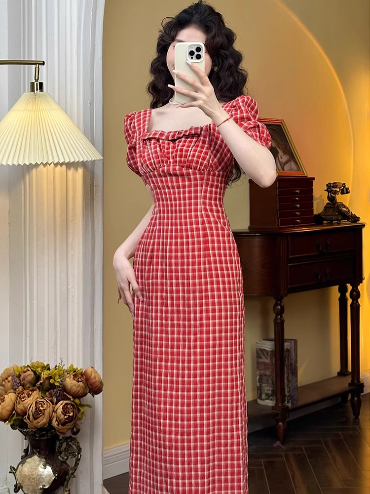 Retro Square Neck Puff Sleeve Dress YM1540