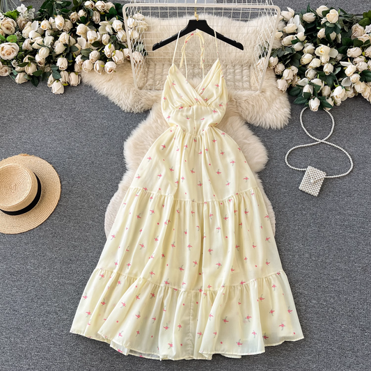 Floral sling dress women's summer strappy backless design super fairy dress YM395