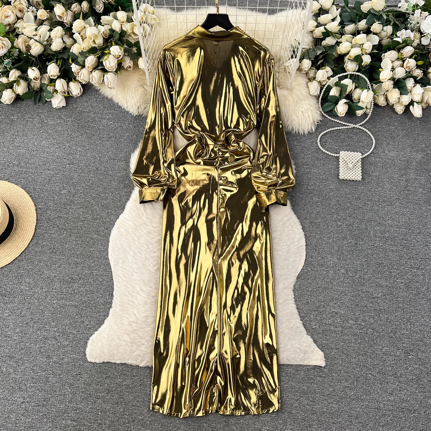 Designed pleated strappy long shirt dress for women YM608