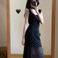 Black Suspender Dress Sexy Chiffon Long Dress YM1781