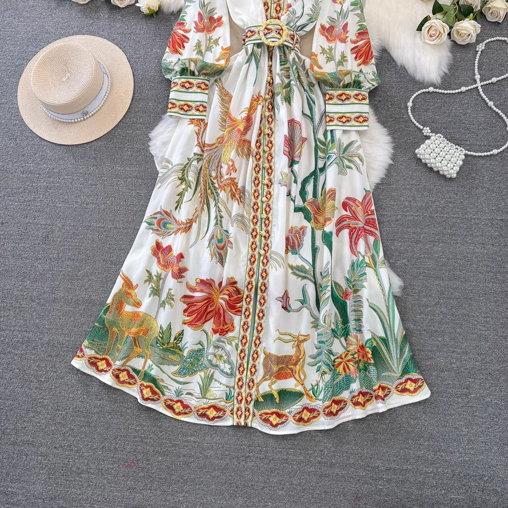 Long-sleeved stand-collar A-line printed dress YM982