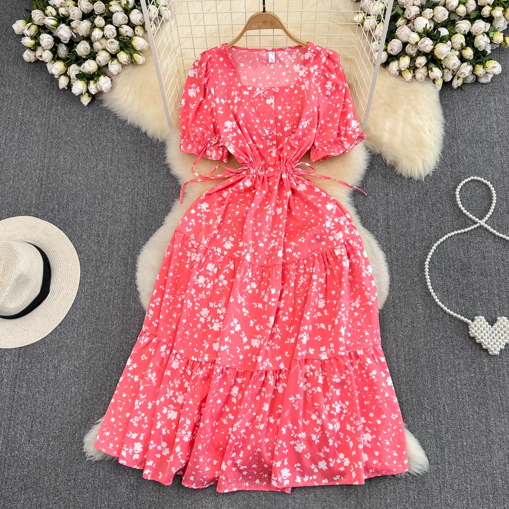 Square collar puff sleeve summer new fluffy princess dress, YM246