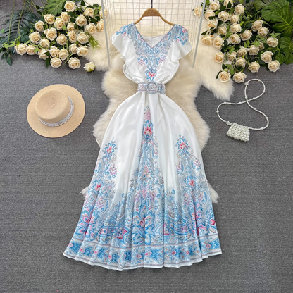 V-neck mid-length a-line printed dress YM978