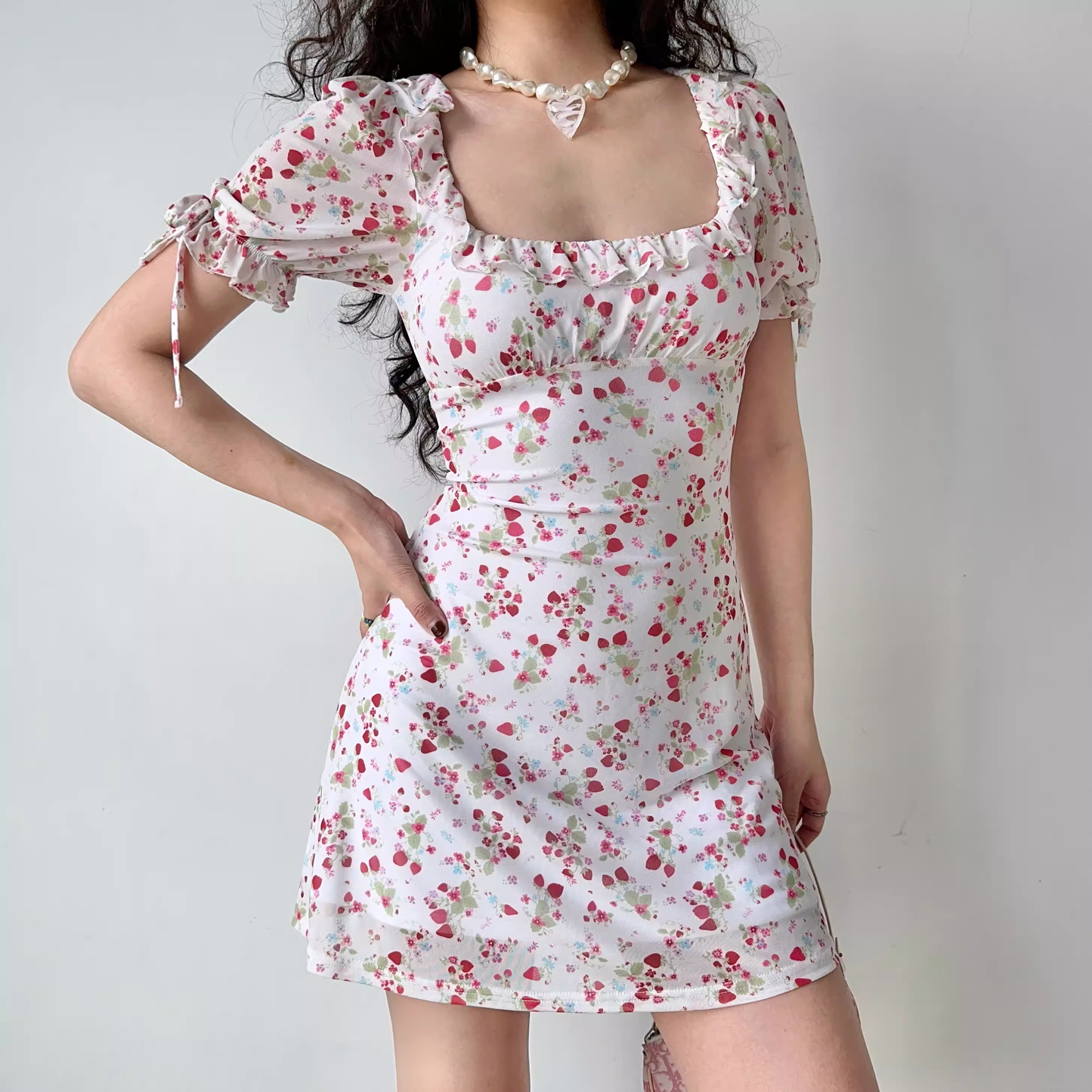 Retro Strawberry Floral Square Neck Short Sleeve Dress YM1307