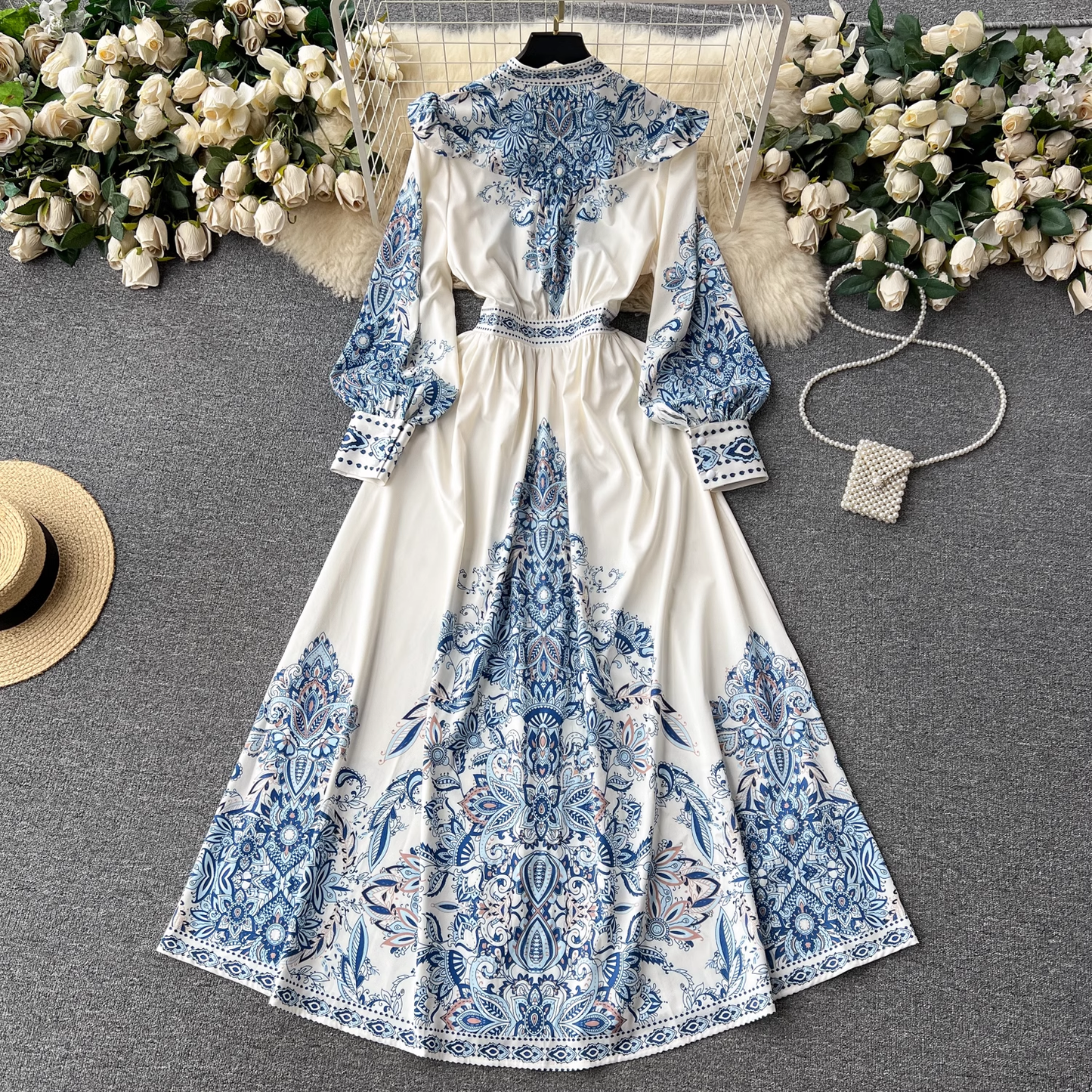 women's printed v neck long sleeve maxi dress YM427