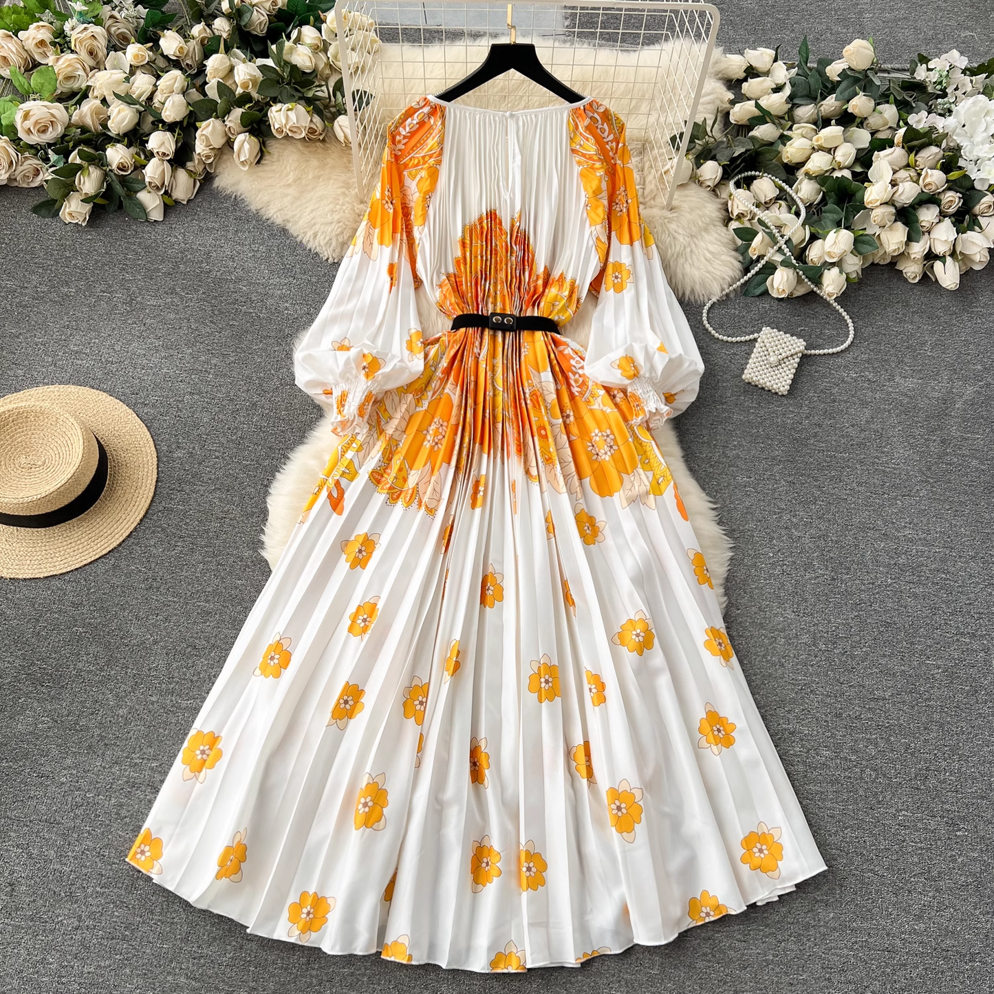 New women's dress printed pleated holiday long dress  YM1179