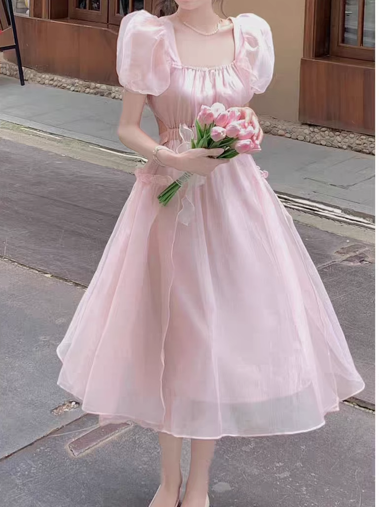 Pink backless dress for women summer puff sleeve long dress YM1503