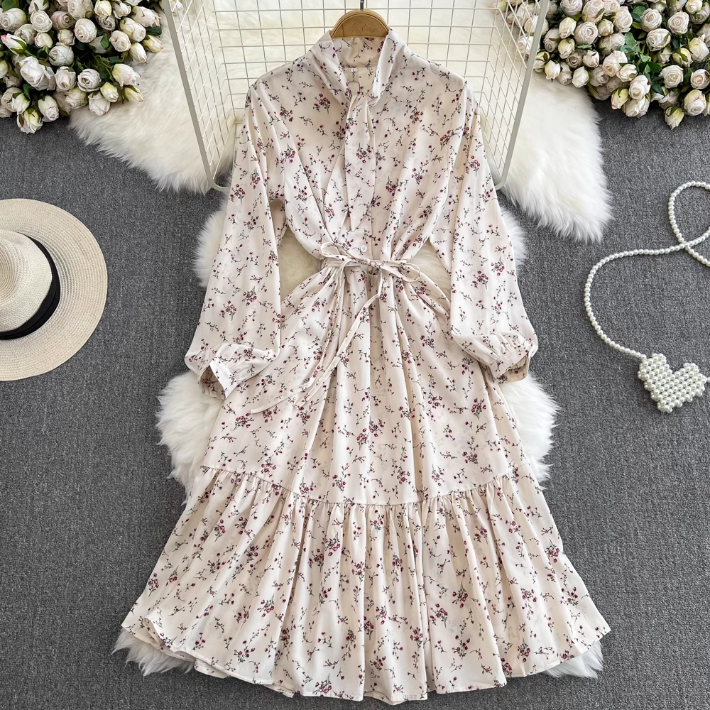 Lantern long-sleeved stand-collar mid-length a-line ruffle floral dress YM585