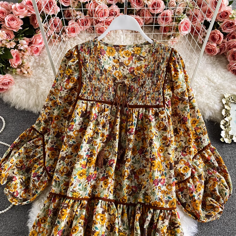 Retro loose square neck floral dress YM766