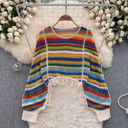 Lazy holiday style color knitted hollow tassel design long-sleeved for women YM405