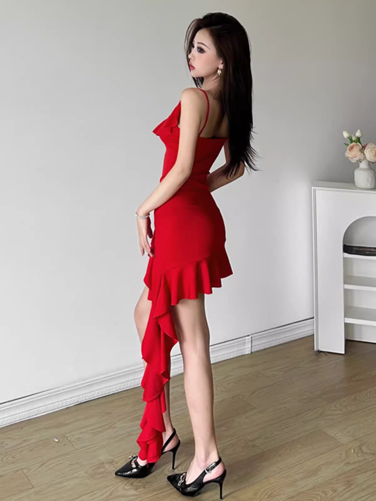 Red irregular sexy short dress YM1326