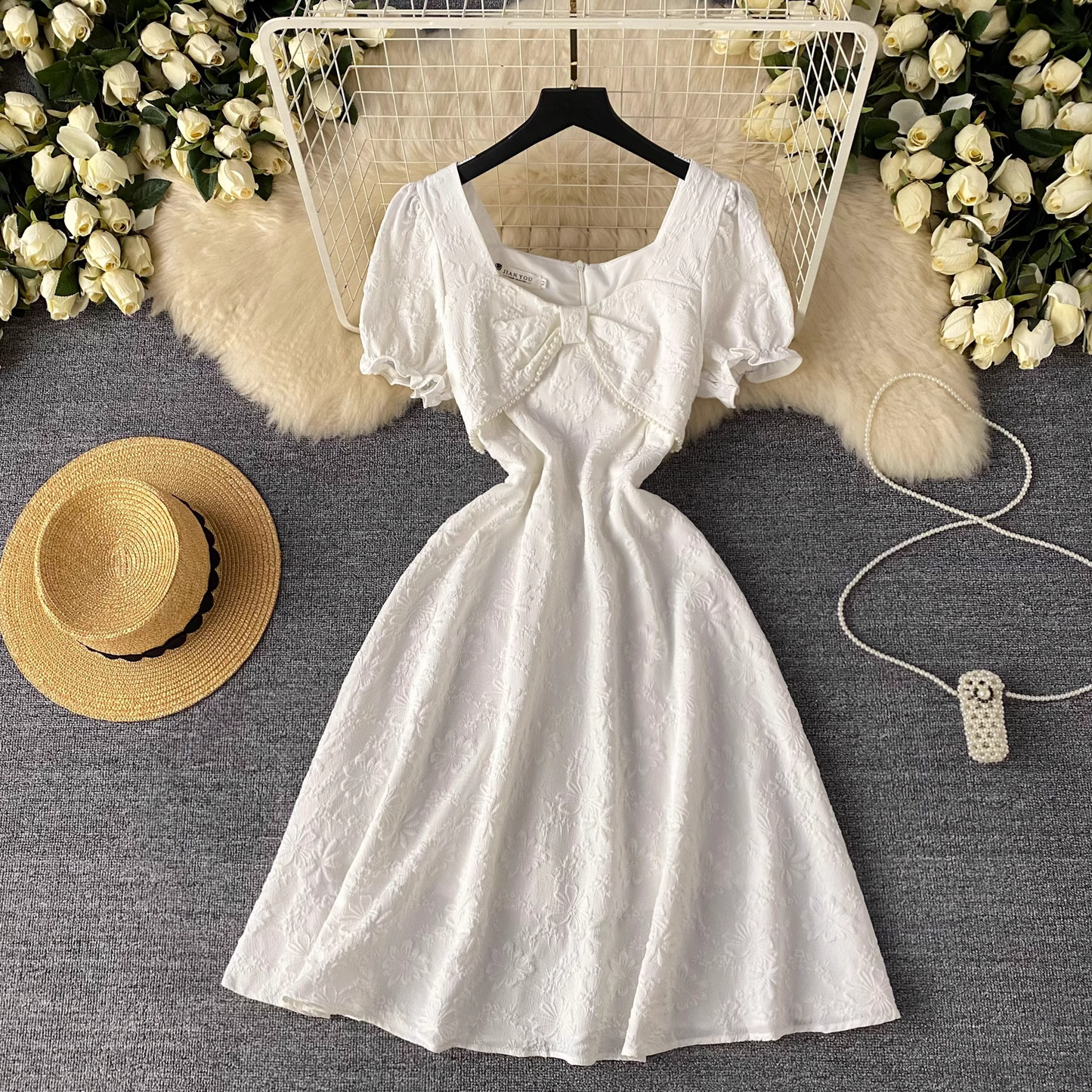 Summer new design twist square neck puff sleeve dress YM1074