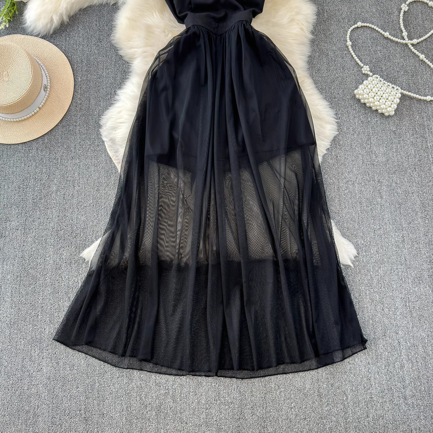 Black A-line V Neck Tulle Dress YM1042