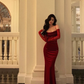 Sexy Red Velvet Long Prom Dress Birthday Outfits With Gloves YM1585