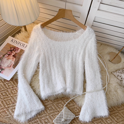 Knitted Sweater Women's Autumn and Winter Round Neck Bell Sleeve White Sweater YM1685