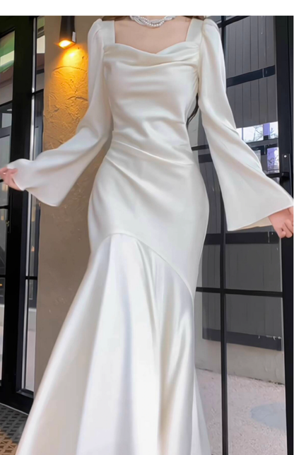 Elegant Mermaid Prom Dress Satin White Long Evening Dress YM1702