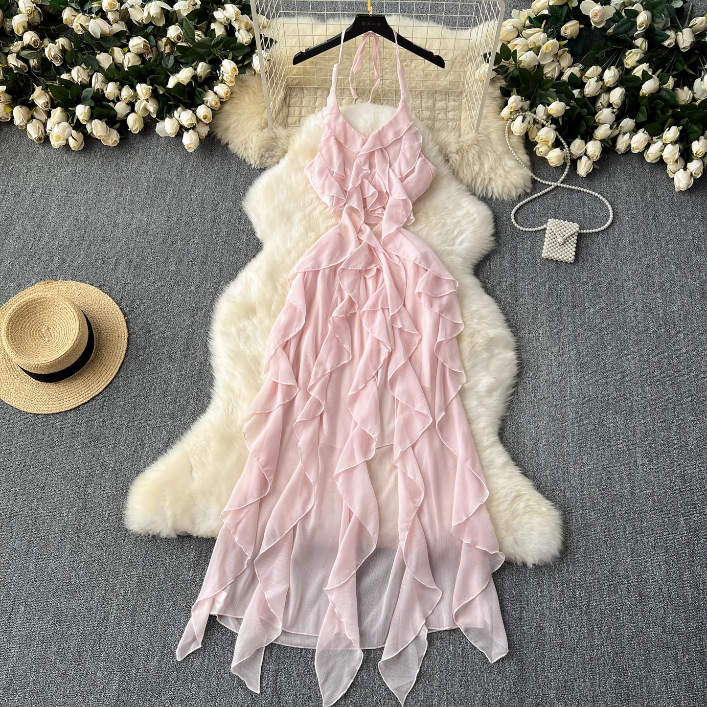 Pink irregular ruffled holiday fairy dress YM1101