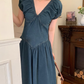 Denim Dress Retro V-neck Open Back Slim Waist Long Dress YM1775