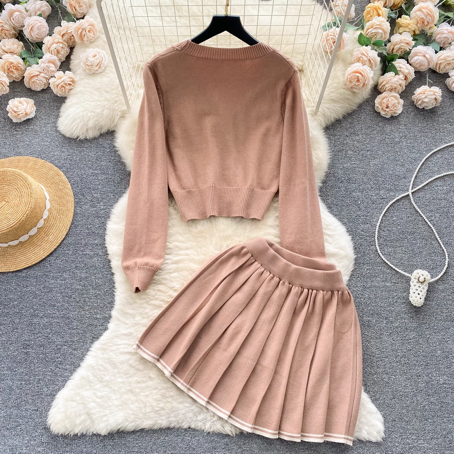 Autumn short long-sleeved knitted cardigan jacket pleated dress two-piece set YM631