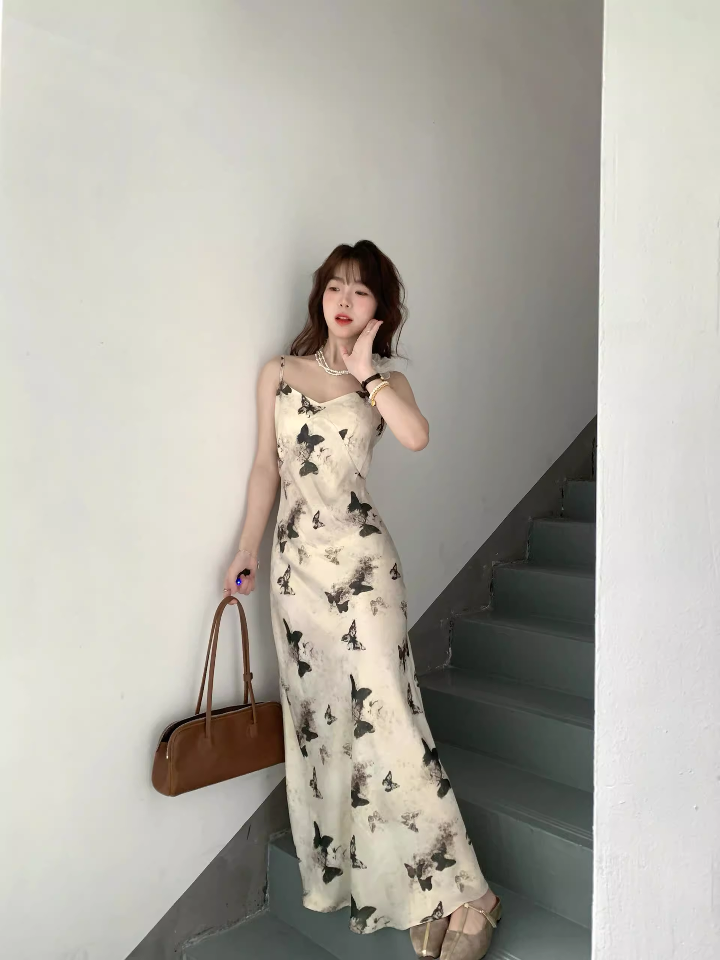 Sexy Strap Butterfly Print Satin Party Dress Long Dress YM1793